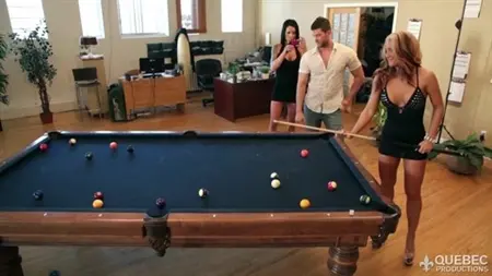 Two busty friends and handsome are having sex on a billiard table